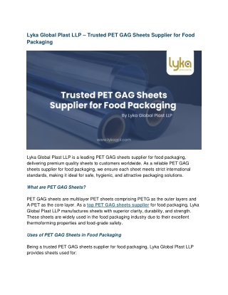 Lyka Global Plast LLP – Leading PET GAG Sheets for Food Packaging Supplier