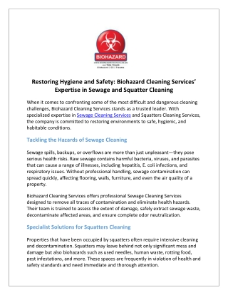 Restoring Hygiene and Safety Biohazard Cleaning Services’ Expertise in Sewage and Squatter Cleaning