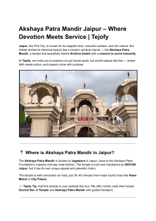 Akshaya Patra Mandir Jaipur – Where Devotion Meets Service | Tejofy