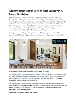 Apartment Renovation Costs in West Vancouver