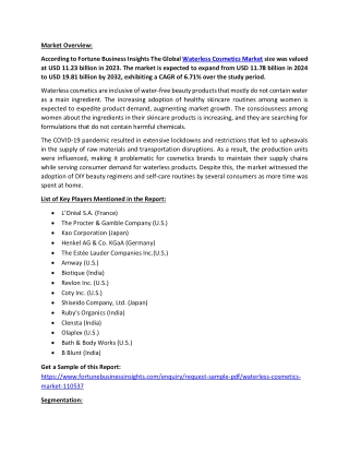 Waterless Cosmetics Market Share, Analysis, Future Outlook, 2032