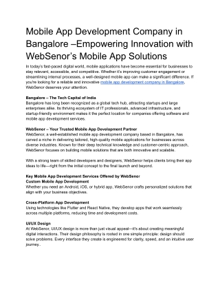 Mobile App Development Company in Bangalore –Empowering Innovation with Websenor’s Mobile App Solutions