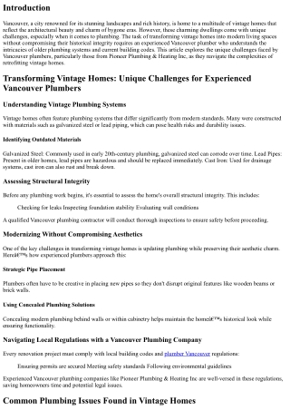 Transforming Vintage Homes: Unique Challenges for Experienced Vancouver Plumbers