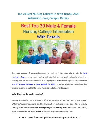 Top 20 Best Nursing Colleges in West Bengal 2025 – Admission, Fees, Campus Details