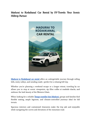 Madurai to Kodaikanal Car Rental by SV‑Travels_ Your Scenic Hilltrip Partner