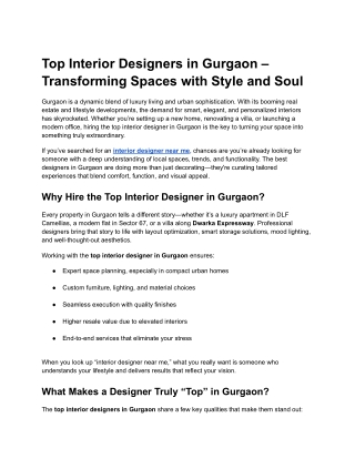 Top Interior Designers in Gurgaon – Transforming Spaces with Style and Soul