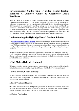 Revolutionizing Smiles with Hybridge Dental Implant Solution A Complete Guide by Greenbrier Dental Excellence