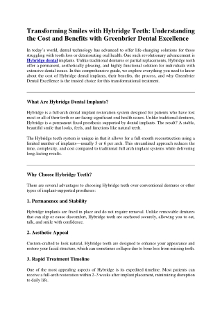 Transforming Smiles with Hybridge Teeth Understanding the Cost and Benefits with Greenbrier Dental Excellence