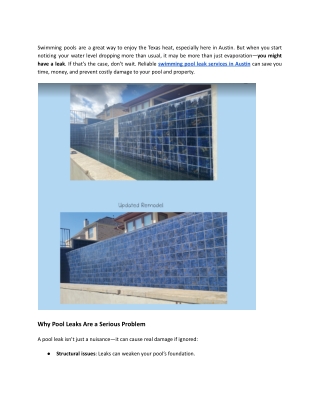 Swimming Pool Leak Services in Austin: Fast, Reliable, and Professional Help