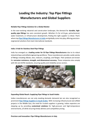 Top Pipe Fittings Manufacturers and Global Suppliers