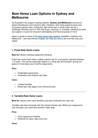 Best Home Loan Options in Sydney and Melbourne