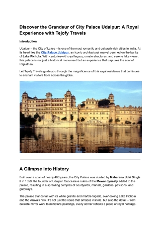 Discover the Grandeur of City Palace Udaipur: A Royal Experience with Tejofy