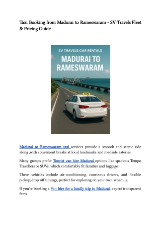 Taxi Booking from Madurai to Rameswaram - SV‑Travels Fleet & Pricing Guide