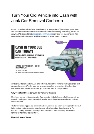 Turn Your Old Vehicle into Cash with Junk Car Removal Canberra