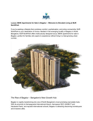 Luxury 3BHK Apartments for Sale in Bagalur – Welcome to Elevated Living at MJR NorthPark
