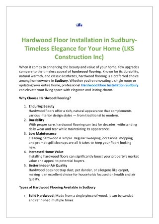 Hardwood Floor Installation in Sudbury- Timeless Elegance for Your Home (LKS Construction Inc)