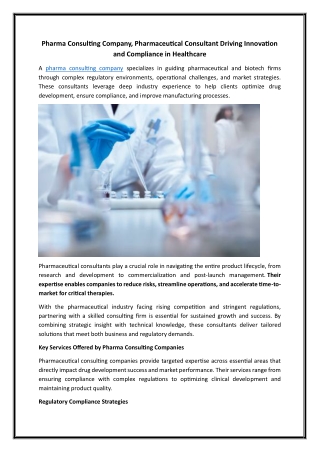 Pharma Consulting Company, Pharmaceutical Consultant Driving Innovation and Compliance in Healthcare