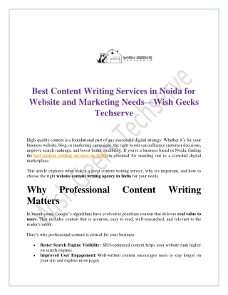 Best Content Writing Services in Noida for Website and Marketing Needs—Wish Geeks Techserve