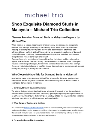 Shop Exquisite Diamond Studs in Malaysia – Michael Trio Collection
