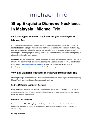 Shop Exquisite Diamond Necklaces in Malaysia _ Michael Trio