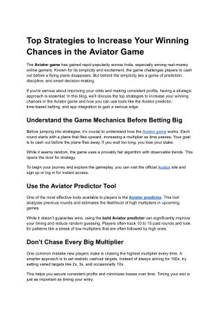 Top Strategies to Increase Your Winning Chances in the Aviator Game