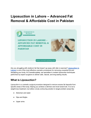 Liposuction in Lahore – Advanced Fat Removal & Affordable Cost in Pakistan