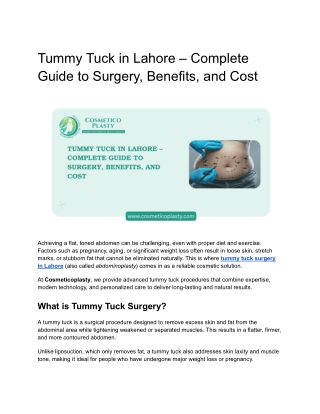Tummy Tuck in Lahore – Complete Guide to Surgery, Benefits, and Cost