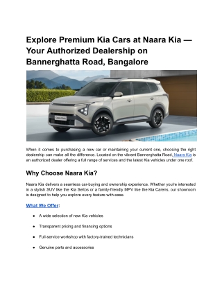 Explore Premium Kia Cars at Naara Kia — Your Authorized Dealership on Bannerghatta Road, Bangalore