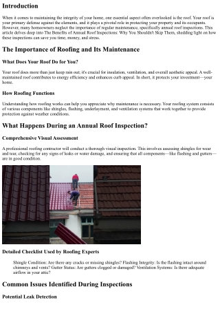 The Benefits of Annual Roof Inspections: Why You Shouldn't Skip Them