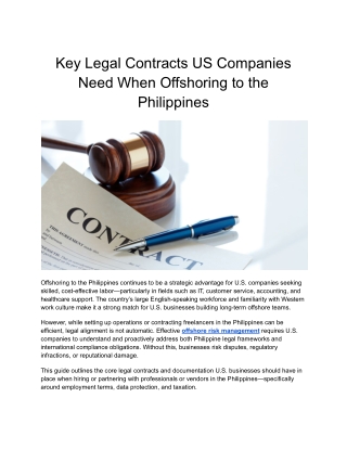 Key Legal Contracts US Companies Need When Offshoring to the Philippines