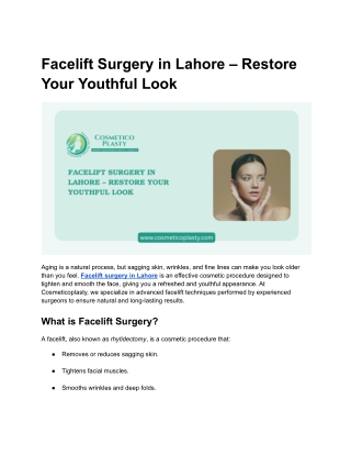 Facelift Surgery in Lahore – Restore Your Youthful Look