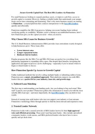 Secure Growth Capital Fast: The Best SBA Lenders via Finnection