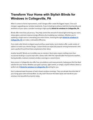 Transform Your Home with Stylish Blinds for Windows in Collegeville, PA
