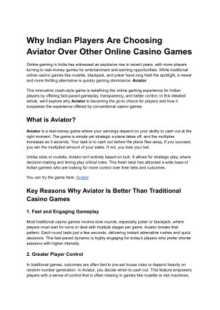 Why Indian Players Are Choosing Aviator Over Other Online Casino Games