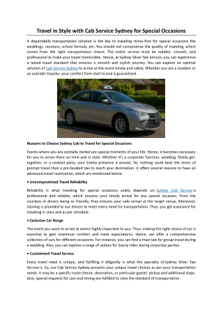 Travel in Style with Cab Service Sydney for Special Occasions