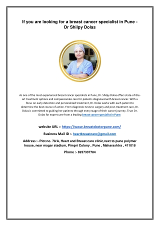 If you are looking for a breast cancer specialist in Pune - Dr Shilpy Dolas