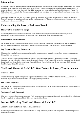 Next Level Shower & Bath LLC: Redefining Luxury Bathrooms in Tampa