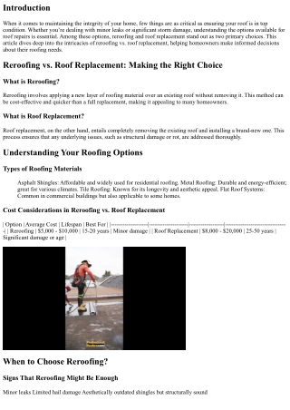 Reroofing vs. Roof Replacement: Making the Right Choice
