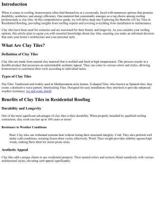 Exploring the Benefits of Clay Tiles in Residential Roofing