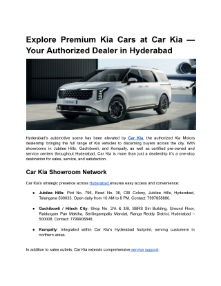 Explore Premium Kia Cars at Car Kia — Your Authorized Dealer in Hyderabad