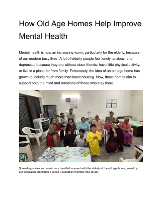 How Old Age Homes Improve Mental Health of Seniors | Standard Sunrise Foundation