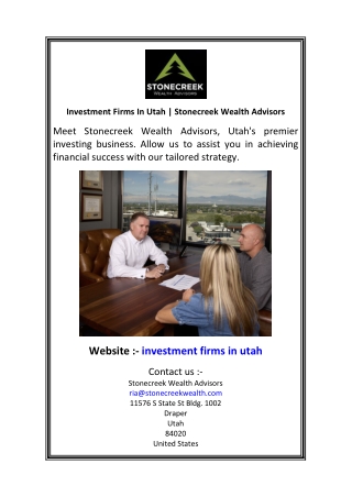 Investment Firms In Utah  Stonecreek Wealth Advisors