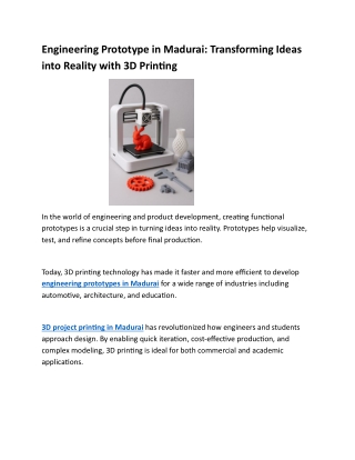 Engineering Prototype in Madurai: Transforming Ideas into Reality with 3D Printi