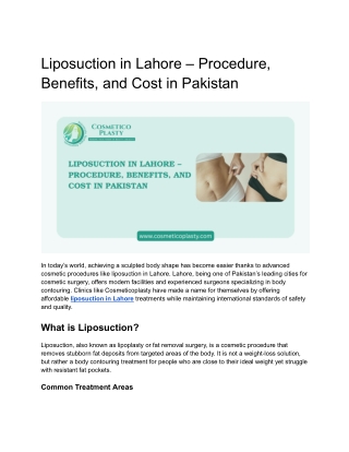 Liposuction in Lahore – Procedure, Benefits, and Cost in Pakistan