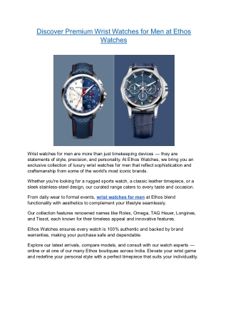 Discover Premium Wrist Watches for Men at Ethos Watches