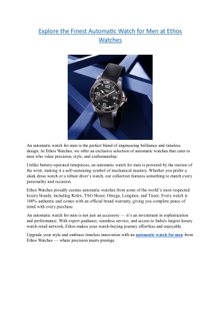 Explore the Finest Automatic Watch for Men at Ethos Watches