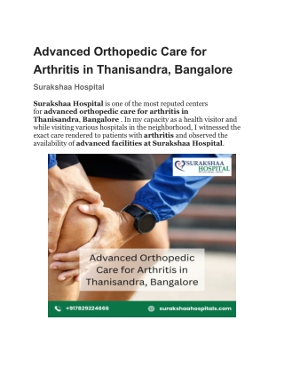 Advanced Orthopedic Care for Arthritis in Thanisandra, Bangalore