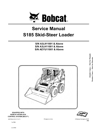Bobcat S185 Skid Steer Loader Service Repair Manual Instant Download (SN A3L911001 and Above, SN A3LH11001 and Above, SN