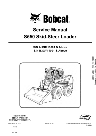 Bobcat S550 Skid Steer Loader Service Repair Manual Instant Download (SN AHGM11001 and Above, SN B3GY11001 and Above)