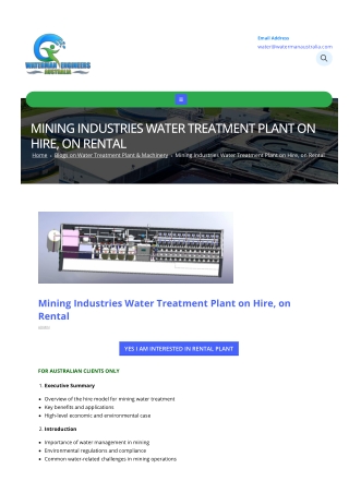 Mining Industries Water Treatment Plant on Hire, on Rental